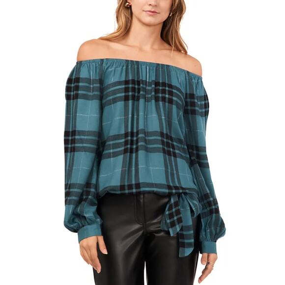 VINCE CAMUTO TOP WOMENS SIZE XSMALL OFF-THE-SHOULDER PLAID DEEP FOREST NEW - Picture 1 of 13